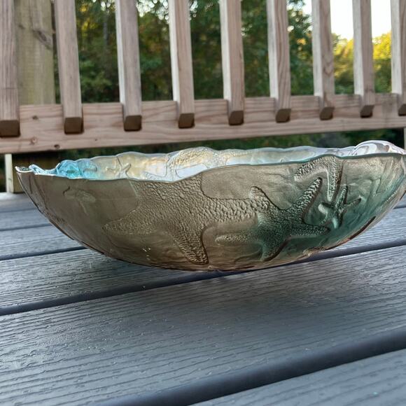 Large glass ombre starfish etched decorative bowl, mermaid fisherman nautical - Picture 3 of 12